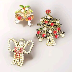 Holiday Jeweled Gold Tone Brooch Pins Set Of 3 Christmas Tree, Bells,  Angel